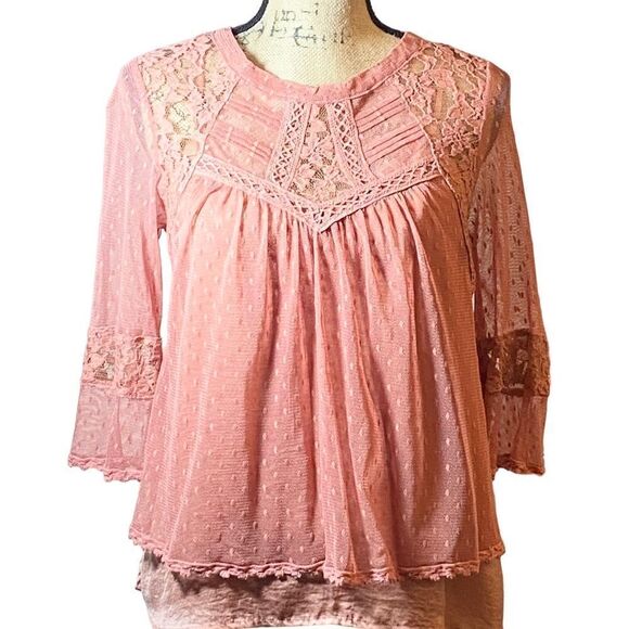 Free People Sheer Modern Romance Lace Blouse Deco Pink - Picture 2 of 7